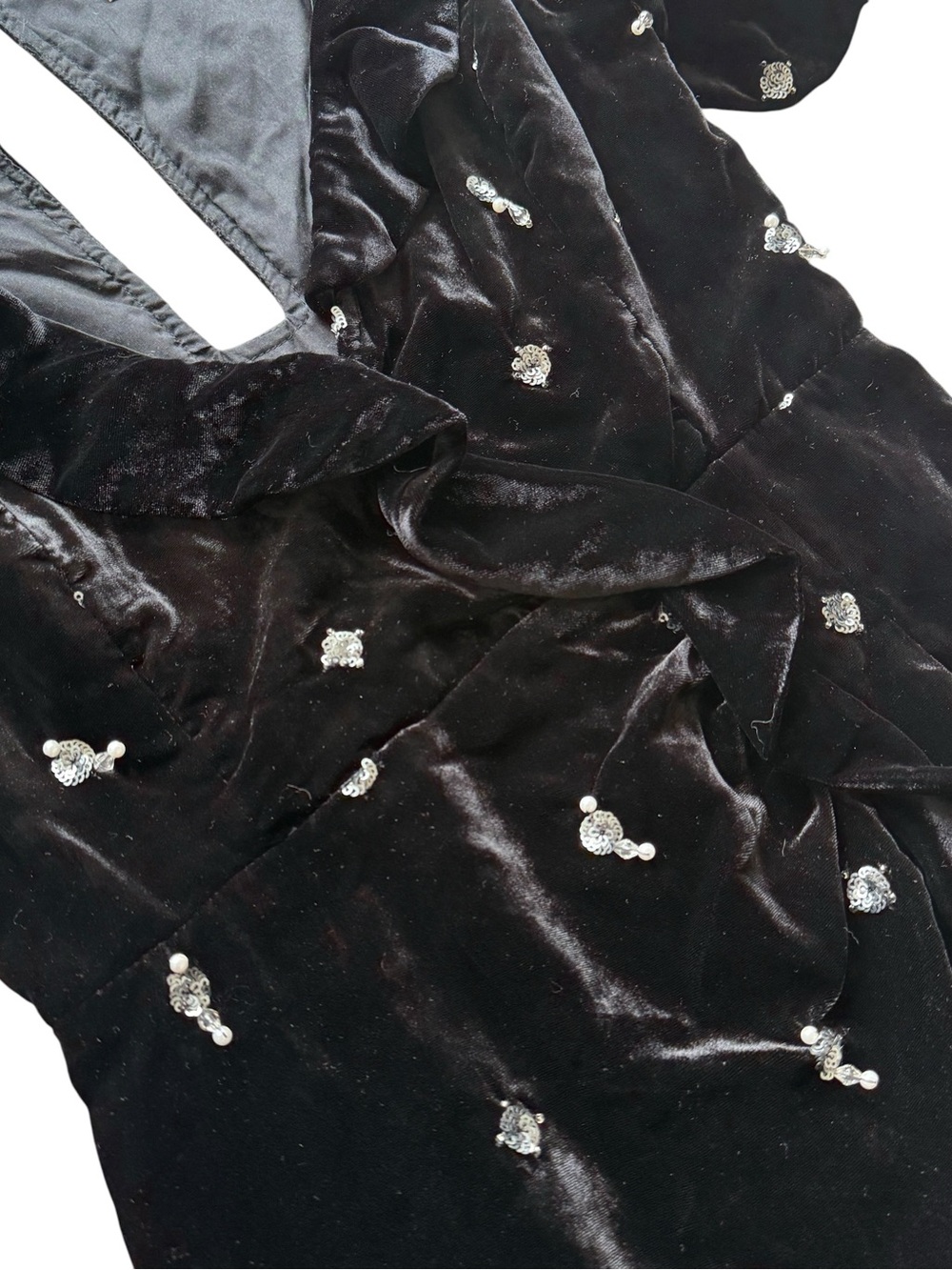 Anthropologie Maeve Black Velvet Mini Dress 2 Sequin Pearl Puff Sleeve Party - Picture 7 of 14